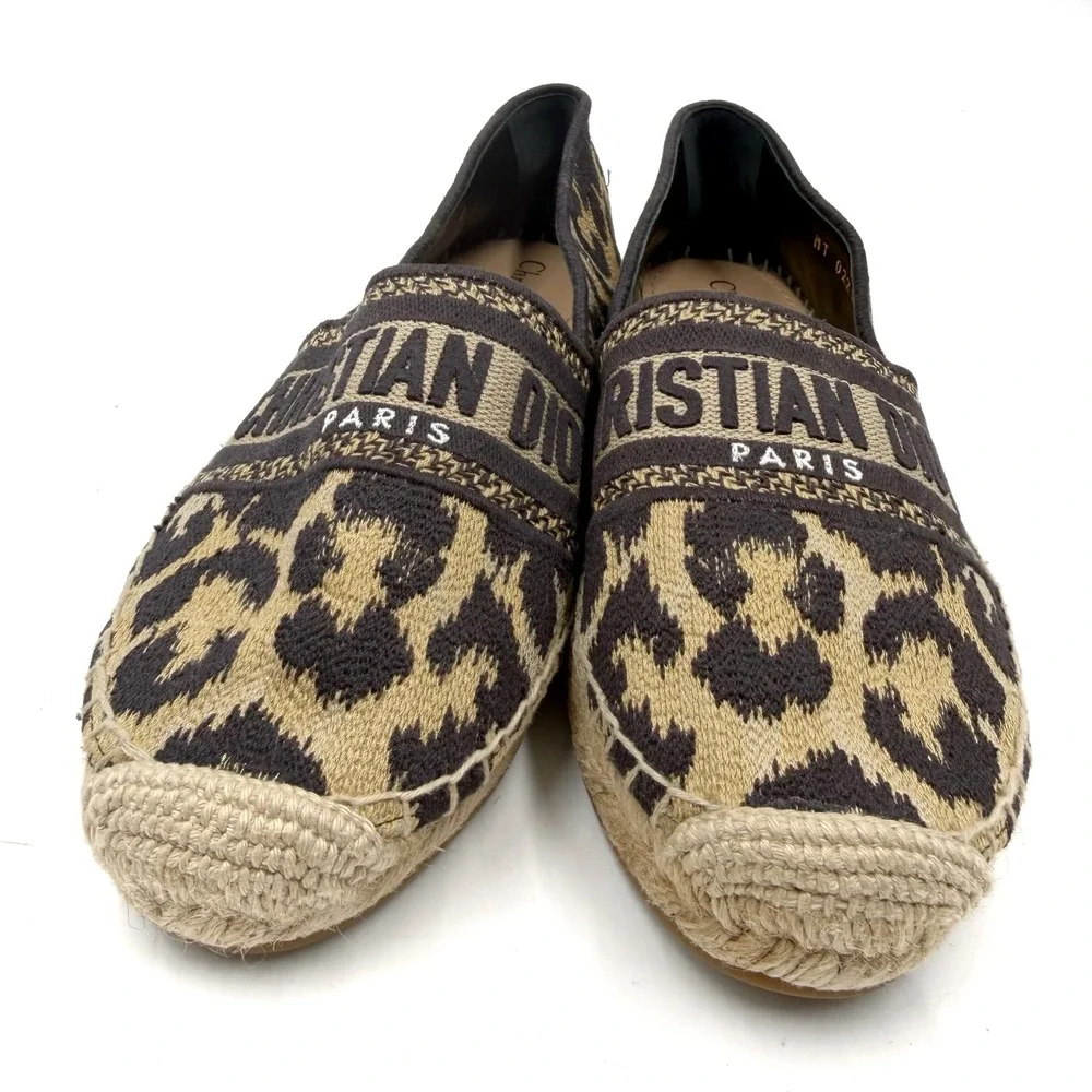 Christian Dior Granville Leopard Espadrilles Beige Black Logo Flat 37 / 7
